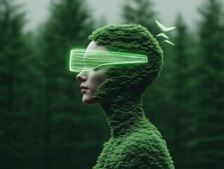 Aufkleber - Futuristic Biophilic Avatars Moss-Clad Digital Figure with Holographic Visor in Lush Forest - Immersive VR Experiences and Sustainable Marketing for Gaming and Eco-Tech Industries