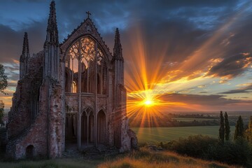 Wall Mural - A gothic cathedral ruin illuminated by golden sunset rays, surrounded by a serene countryside