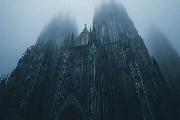 Wall Mural - A gothic cathedral shrouded in dense fog, its intricate details barely visible in the muted light