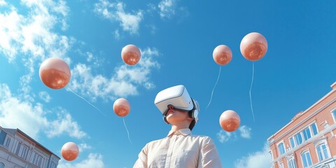 Fototapete - Immersive Skyward VR Experience Futuristic Virtual Reality for Interactive Urban Gatherings - Enhancing Social Connectivity and Community Engagement in Digital Cities