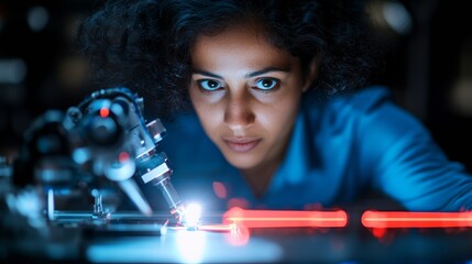 Fototapete - Futuristic Robotics Innovation Indian Female Engineer in High-Tech Lab Adjusting Advanced Robotic Arm - Empowering Modern Workforce and Industry 4.0 Solutions