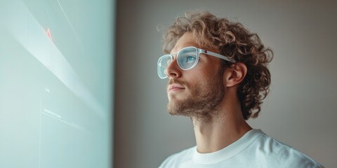 Aufkleber - Minimalist Tech Office Athletic Caucasian Man Engages with Augmented Reality Interface - Elevating Digital Innovation in Modern Business Environments