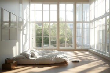 Wall Mural - A minimalist bedroom with sunlight streaming through floor-to-ceiling windows, soft shadows on neutral decor