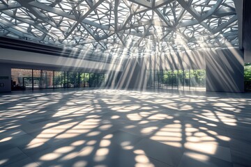 Wall Mural - A modern atrium with sunlight flooding through angular skylights, casting intricate patterns on the floor