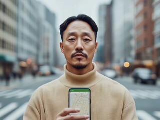 Aufkleber - Urban Navigation Tech Close-Up of Korean Man with Smartphone Displaying Map and Traffic Updates in Downtown - Modern Commuting and Digital Travel Solutions