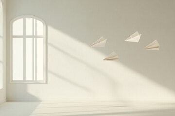 Leinwandbilder - Minimalist Modern Office Scene Abstract Connectivity with Floating Paper Airplanes in Sunlit Workspace - Innovative Design and Remote Work Solutions for Contemporary Business Success