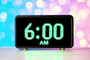 Canvas Print - Digital alarm clock glowing at six AM against a futuristic background with soft blue neon lighting