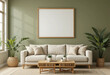 © VIJAY - An empty frame poster mockup in a natural-inspired living room with olive green walls. A wooden frame is styled above a beige sofa, accompanied by a bamboo coffee table and potted plants for a serene.