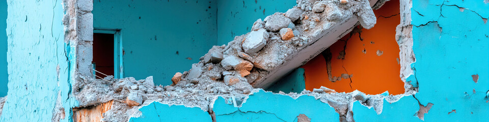 Wall Mural - Demolished Building Interior: Teal and Orange Walls with Concrete Rubble