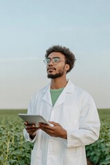 Leinwandbilder - Agritech Innovation in Sustainable Crop Fields Male Scientist Analyzing Data with Tablet - Advanced Eco-Friendly Farming Solutions and Crop Research for Modern Agricultural Growth