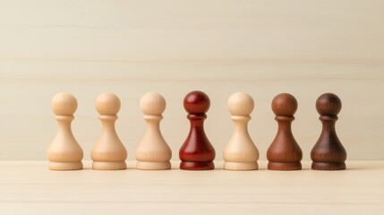 Poster - Minimalist Leadership Symbolism Red Wooden Pawn Among Neutrals on Light Wood - Motivation Stock for Business and Marketing, Emphasizing Uniqueness and Leadership in Professional Settings