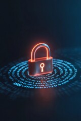 Leinwandbilder - Futuristic Cybersecurity Interface Glowing Blue Padlock with Rotating Binary Code Digital Privacy and Protection for Modern Business and Tech Innovation
