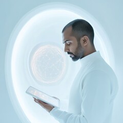Aufkleber - Futuristic Wellness Integration Indian Consultant Analyzing Health Data on Transparent Tablet in Minimalist PodTech-Driven Health Optimization for Modern Professionals