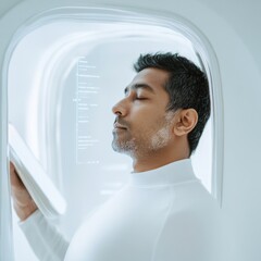 Fototapete - Futuristic Wellness Interface South Asian Male Consultant with Transparent Tablet in Minimalist Pod - Digital Health Optimization in Modern Professional Spaces