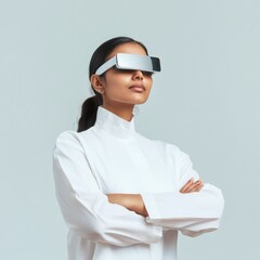 Aufkleber - Futuristic Health Tech South Asian Woman, 28, in Sleek Clinical Attire with Smart Glasses and Wearables Next-Gen Wellness Integration for Modern Healthcare Settings