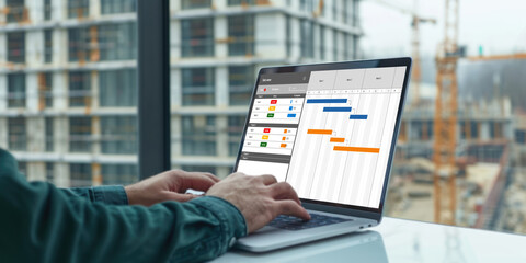 Project planning software for brisk business project management on the computer screen showing timeline chart of the team project