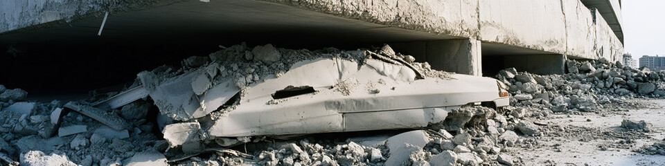 Wall Mural - Damaged Vehicle and Concrete Rubble