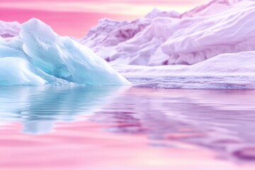 Wall Mural - Breathtaking glacier reflecting soft blue light amidst a vivid red sunset glow at twilight in a serene Arctic landscape