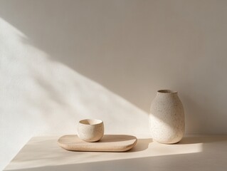 Aufkleber - Minimalist Ceramic Workspace Set Textured Vases and Dish in Soft Neutral Light - Modern Design for Creative Industries and Workspace Organization Solutions