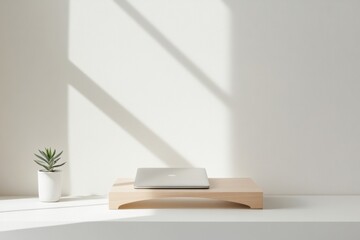 Aufkleber - Scandinavian Workspace Design Minimalist White Desk with Wooden Laptop Stand and Succulent - Enhance Remote Work Productivity and Ergonomics in Modern Business Settings