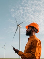 Aufkleber - Sustainability in Focus Close-up of Wind Turbine with Young Male Engineer Using Tablet - Renewable Energy Tech and Green Solutions for Future-Ready Eco-Industries