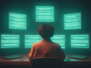 Aufkleber - Cybersecurity Interface Futuristic Workspace with Multiscreen Encryption Displays - Advanced Threat Prevention for Digital Marketing and Tech Innovation