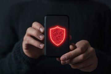 Aufkleber - Cutting-Edge Cybersecurity Visual Young Black Man (28) with Smartphone Featuring Biometric Fingerprint Authentication and Glowing Shield - Tech Innovation for Secure Mobile Transactions