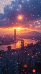 Aufkleber - Pastel Sunset Over South Korean Coastal City Digital Interface with Weather Icons – Enhancing Meteorological Services and Social Media Engagement