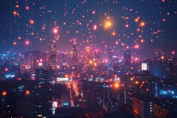 Aufkleber - Futuristic Skyline Display Illuminated Urban Landscape with Digital Lottery Screens and Abstract Shapes - Dynamic Tech Scenes for Financial Marketing and Entertainment Innovation