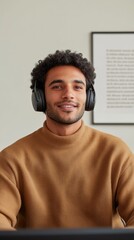 Aufkleber - Minimalist Hybrid Workspace Young Indian Man with Headphones Engages in Video Call at Sleek Desk - Modern Remote Work and Digital Collaboration in Tech-Driven Startup Culture