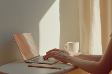 Aufkleber - Contemporary Minimalist Workspace Sunlit Hybrid Home-Office Setup with Laptop and Coffee - Enhancing Productivity in Modern Real Estate and Digital Collaboration