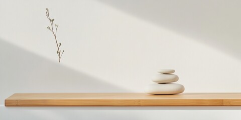 Poster - Zen Minimalist Desk Setup Bamboo Shelf with Stacked Stones for Mindful Workspaces - Tranquil Office Design and Eco-Friendly Corporate Branding