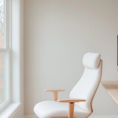 Aufkleber - Minimalist Scandinavian Home Office Ergonomic White Chair with Wooden Accents and Natural Light - Elevating Remote Work with Style and Comfort for Modern Professionals