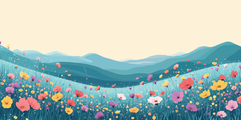 Wall Mural - Vector Vibrant flower meadow with mountain backdrop  
