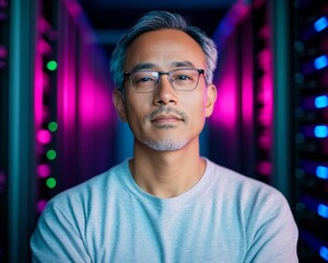 Leinwandbilder - Futuristic Cybersecurity Design South Asian IT Professional with Holographic Firewall Overlay in Modern Server Room - Blue-Purple Aesthetic for Network Protection and Corporate Innovation