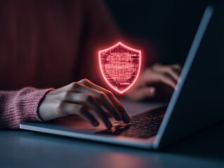 Aufkleber - High-Tech Cybersecurity Interface Indian Womans Hands on Laptop with Holographic Shield - Digital Safety and Privacy Tools for Startups and Network Innovations