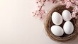 © Have a Good Day - Elegant White Easter Eggs Nestled in a Woven Nest with Pink Blossoms on Pastel White Background 9