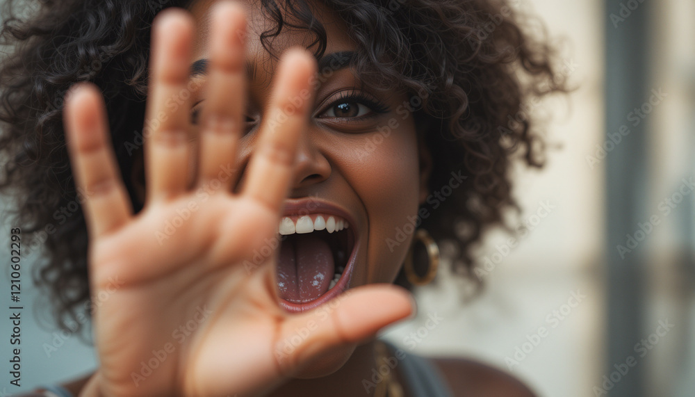 Black woman raising hand in stop gesture as part of a protest against ...