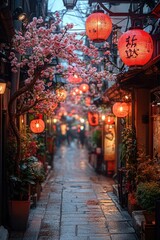 Wall Mural - A narrow alley with lanterns and flowering trees, perfect for capturing the essence of small town charm