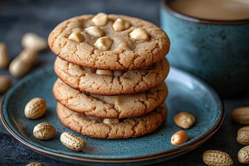 Wall Mural - Stack of peanut butter cookies with white chocolate chips on blue plate