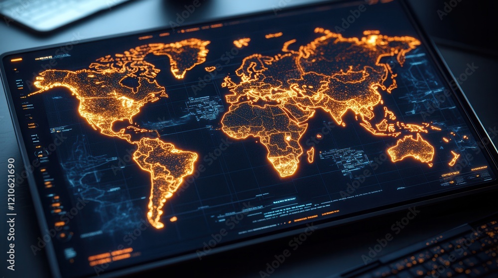 Futuristic holographic world map with luminous touchpoints and ...