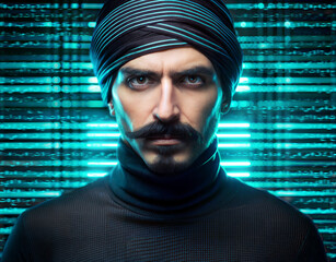 portrait of a focused muslim programmer in a turban against a futuristic background of glowing arabi