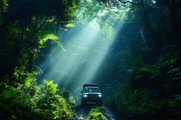 Wall Mural - Four wheel drive vehicle exploring tropical rainforest with sunbeams at dawn