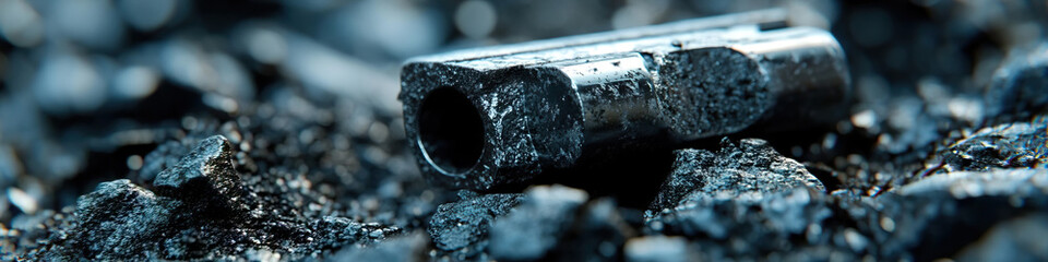 Wall Mural - Close-up of Worn Metallic Cylinder on Rough Stone Surface