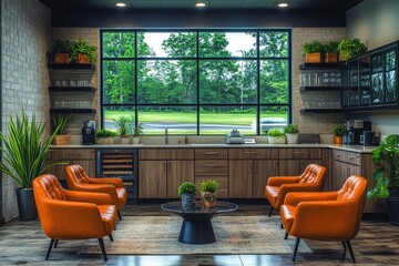 Poster - A cozy living room with orange chairs and a coffee table, suitable for interior design or lifestyle photography