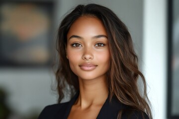 Canvas Print - Confident young businesswoman smiling, wearing blazer, long brown hair