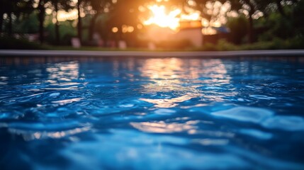 Wall Mural - Sunlight reflects on the tranquil water surface of a swimming pool surrounded by greenery