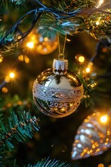 Canvas Print - A close-up view of a Christmas ornament hanging from a tree branch