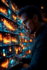 Man examining digital data on a wall of screens.