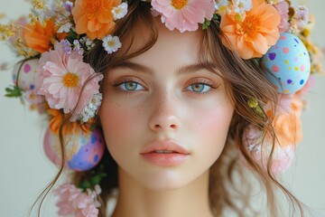 Poster - A woman wearing a floral wreath on her head, suitable for use in editorial or promotional content